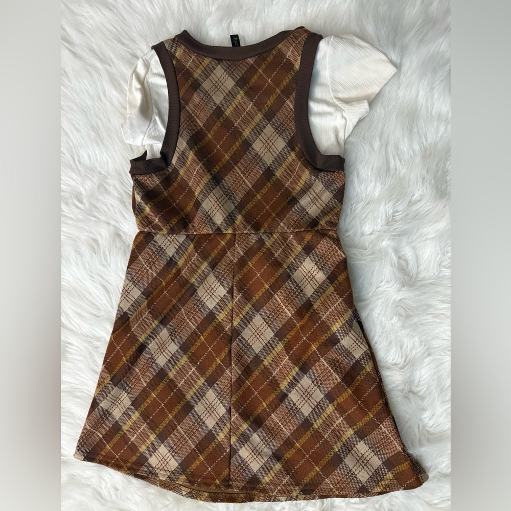 Girls Brown Plaid Pinafore Dress with Cream Top - Picture 4 of 4